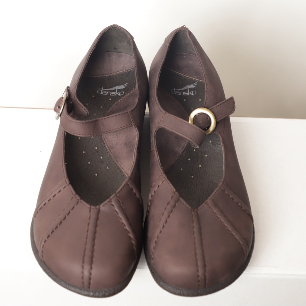 Dansko Mary Jane Dark Brown Leather Wedge Clogs Size 7 - Picture 2 of 6